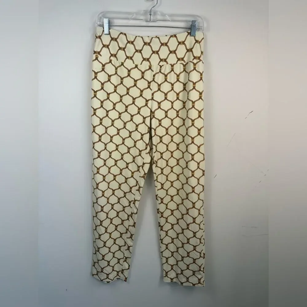 J. McLaughlin Cream and Brown Belt Pattern Pants Catalina Cloth Size Medium EUC